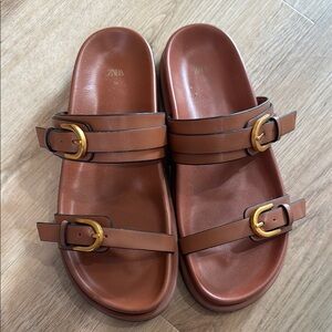 Zara Brown Sandals with Gold Buckles